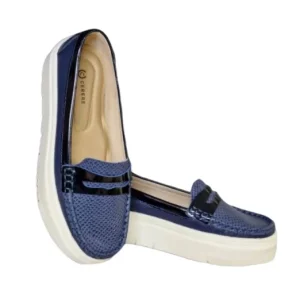 Mocasines Elegantes para Dama en Cuero Azul con Detalle Bicolor y Suela Casual