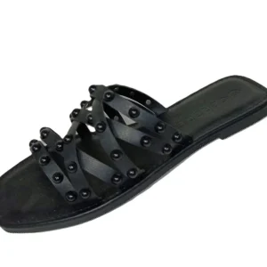Sandalias Elegantes de Cuero Negro para Dama - Modelo QD56 con Tiras y Tachuelas