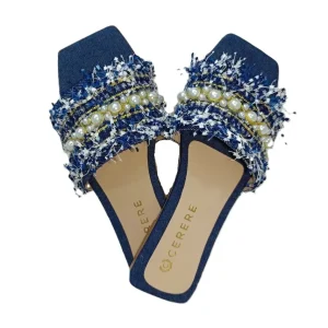 Sandalias Elegantes para Dama en Azul Marino con Detalles de Perlas - Modelo V111K