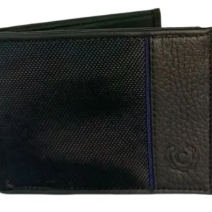 Billetera de Cuero y Textil Negra/Azul Marino Cerere - Modelo Elegante 040736