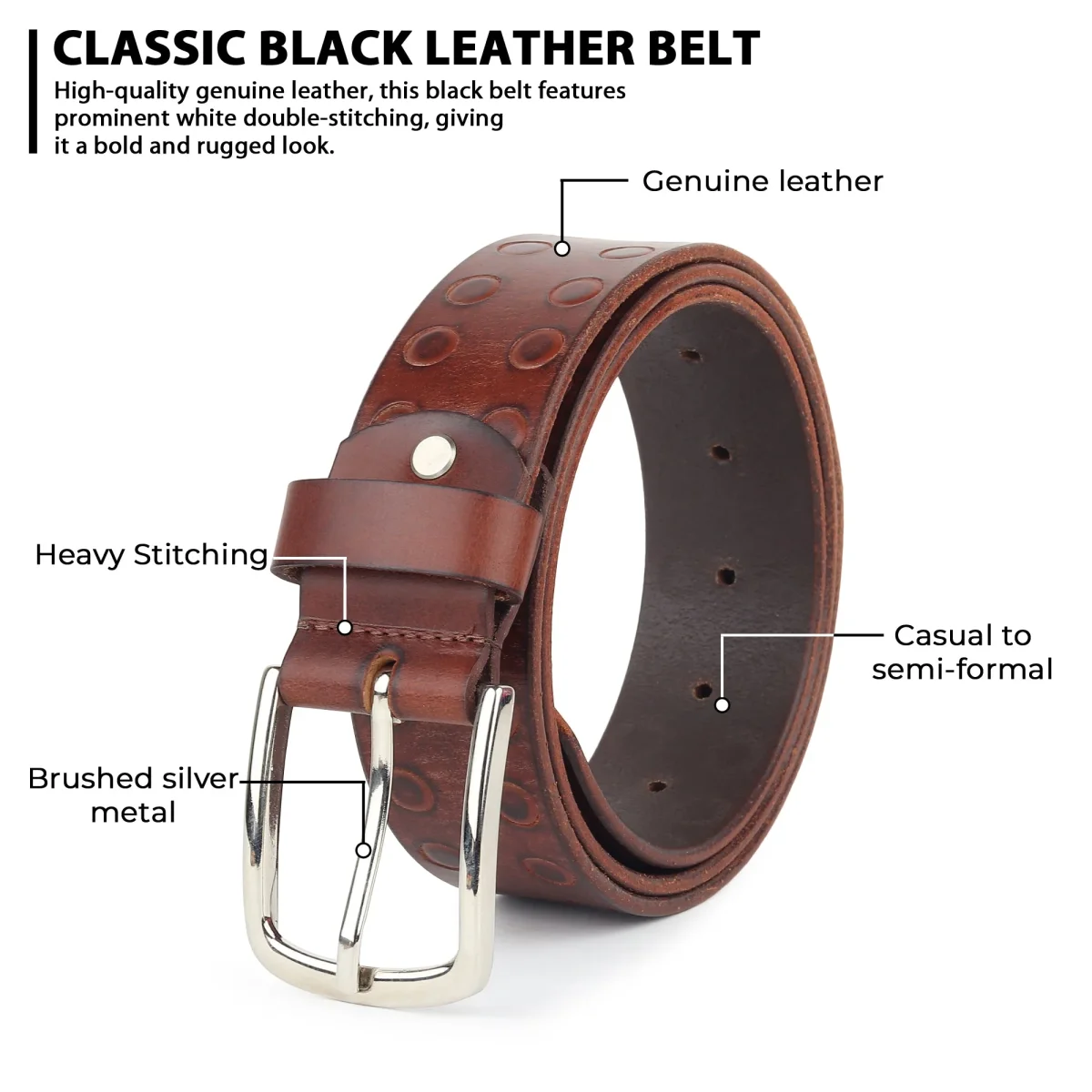 Classic Round Men's Leather Belt - Imagen 7