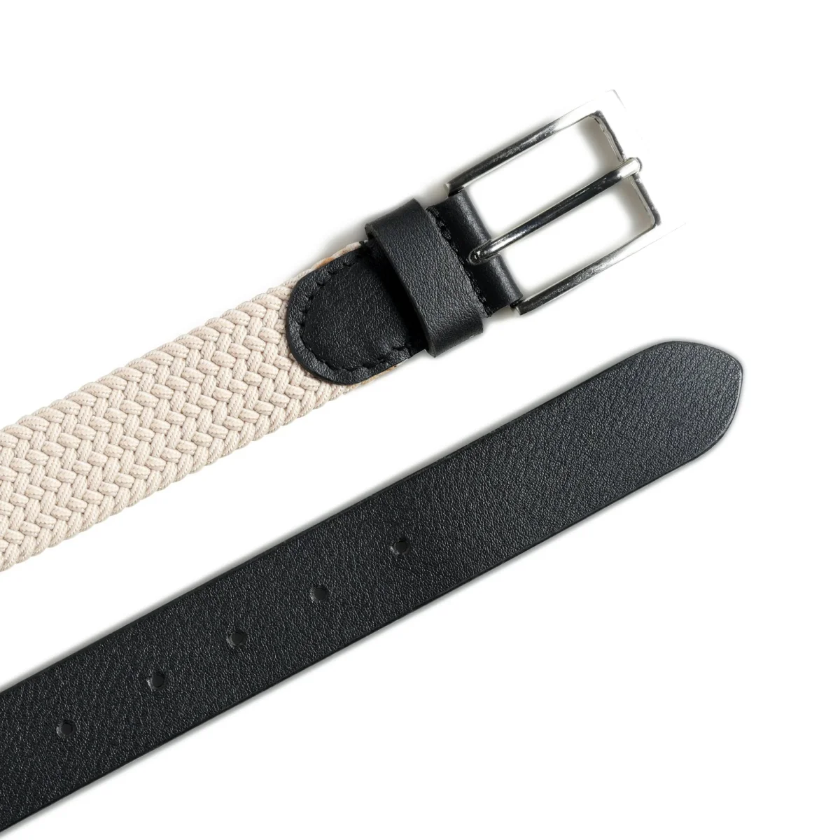 Cream & Black Braided Canvas Leather Belt - Imagen 7