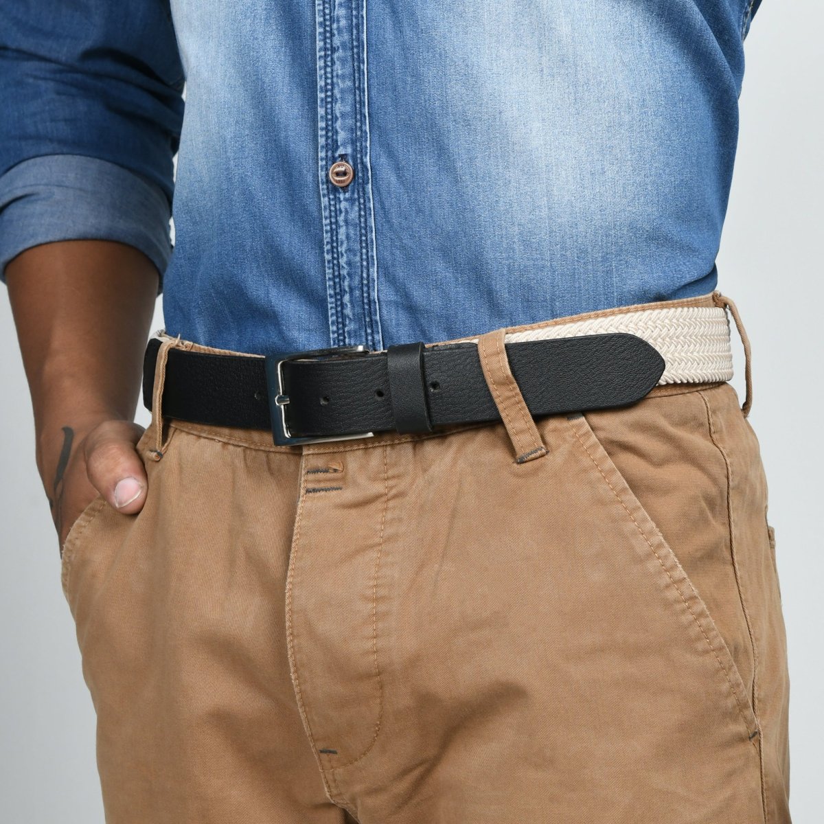 Cream & Black Braided Canvas Leather Belt - Imagen 3
