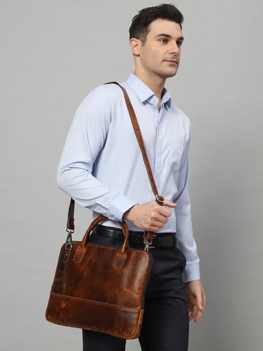 Modernist Leather Laptop Bag- Brown - Imagen 9