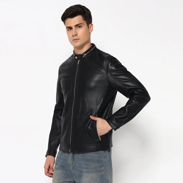 Stylish Men’s Black Bomber Leather Jacket - Imagen 5