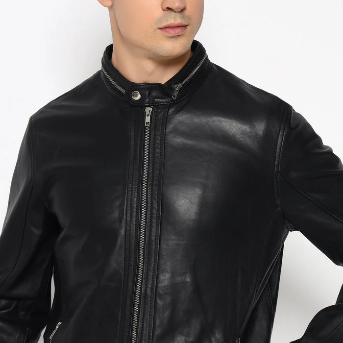 Stylish Men’s Black Bomber Leather Jacket - Imagen 7