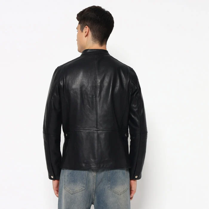 Men’s Timeless Plain Black Leather Jacket - Imagen 8