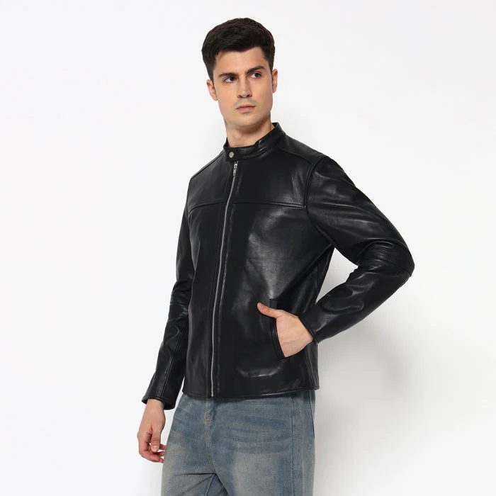 Men’s Timeless Plain Black Leather Jacket - Imagen 5
