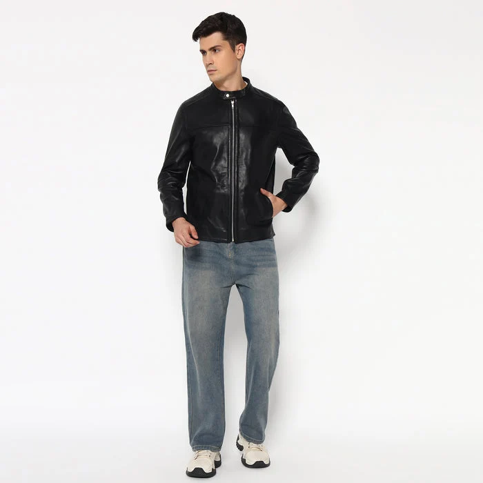 Men’s Timeless Plain Black Leather Jacket - Imagen 3