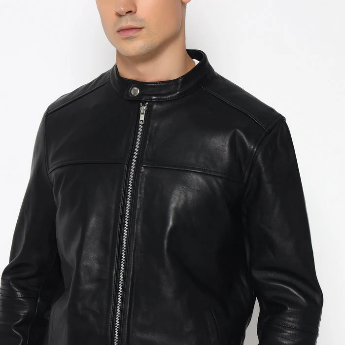 Men’s Timeless Plain Black Leather Jacket - Imagen 7