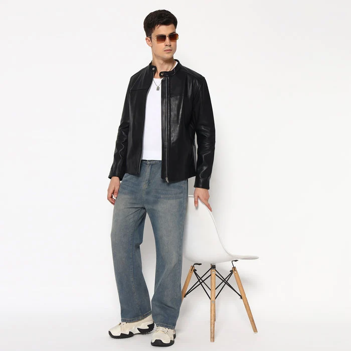Men’s Timeless Plain Black Leather Jacket - Imagen 4