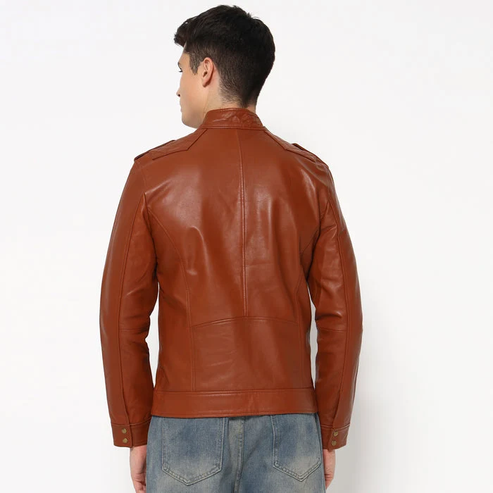 Men Brown Genuine Leather Biker Jacket - Imagen 8