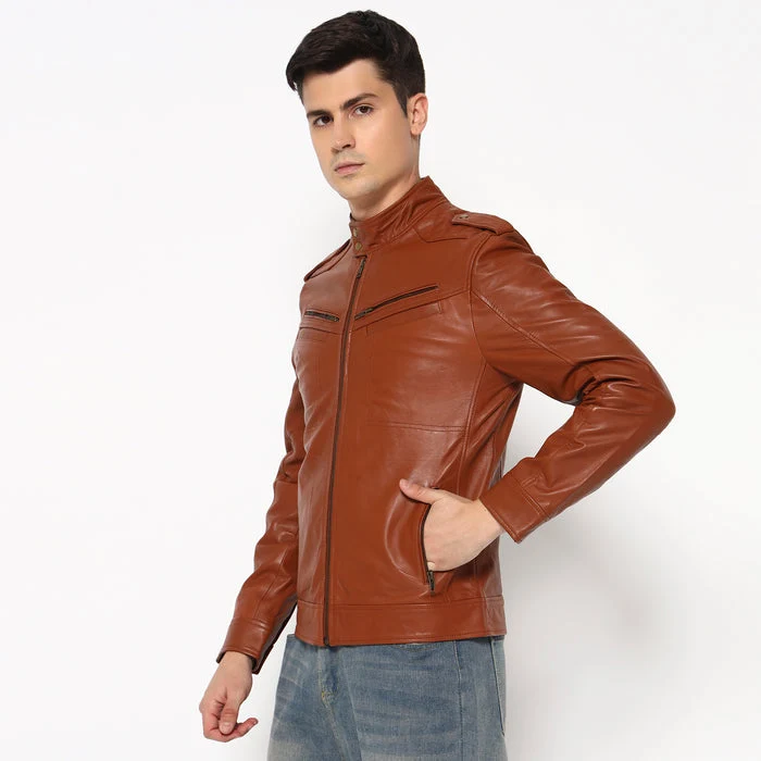Men Brown Genuine Leather Biker Jacket - Imagen 3