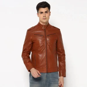 Men Brown Genuine Leather Biker Jacket