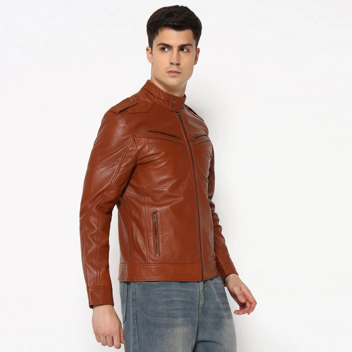 Men Brown Genuine Leather Biker Jacket - Imagen 4