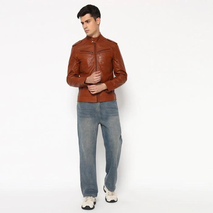 Men Brown Genuine Leather Biker Jacket - Imagen 5