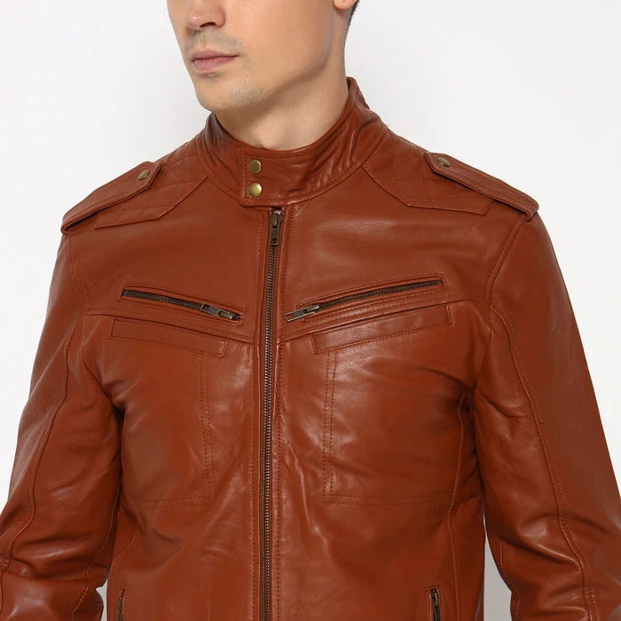 Men Brown Genuine Leather Biker Jacket - Imagen 7