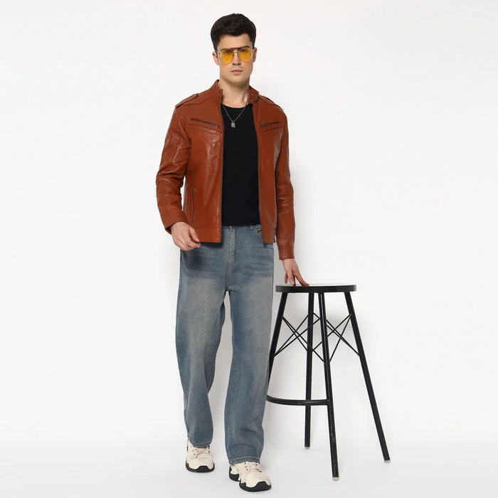 Men Brown Genuine Leather Biker Jacket - Imagen 6