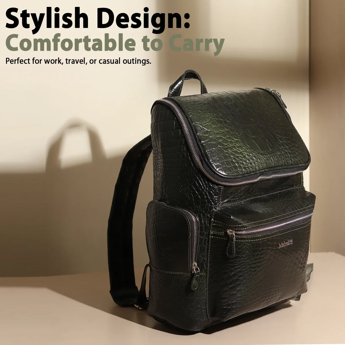 Regal Crocodile Texture Leather Backpack, Dark Green - Imagen 6