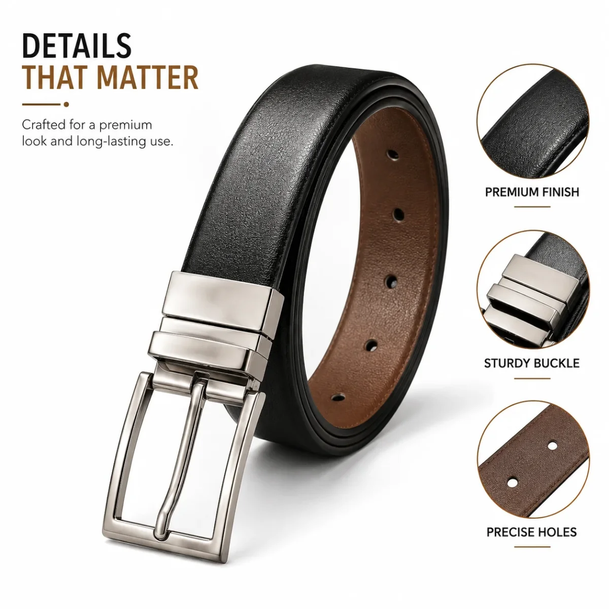 Classic Formal Reversible Leather Belt - Black & Brown - Imagen 6