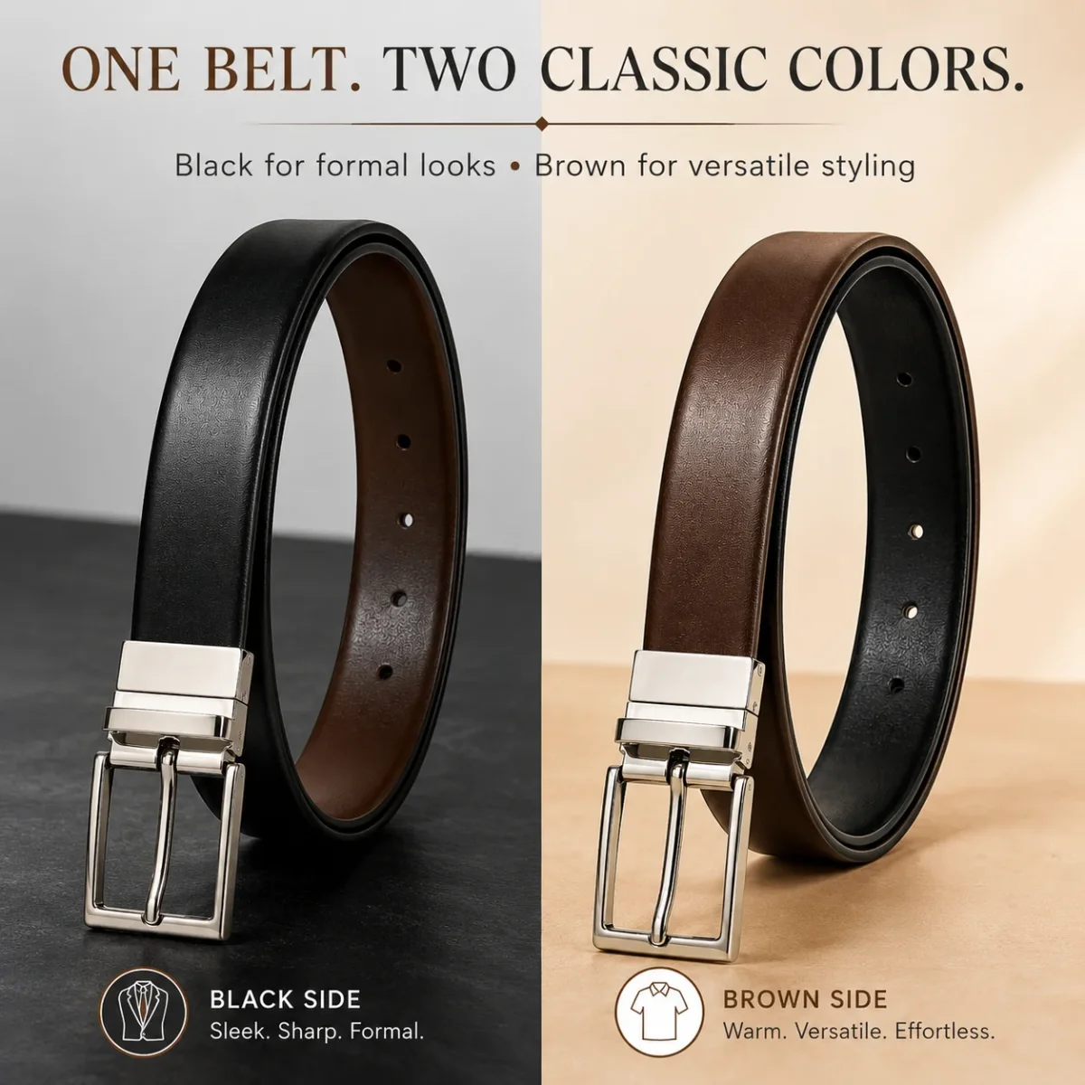 Classic Formal Reversible Leather Belt - Black & Brown - Imagen 5