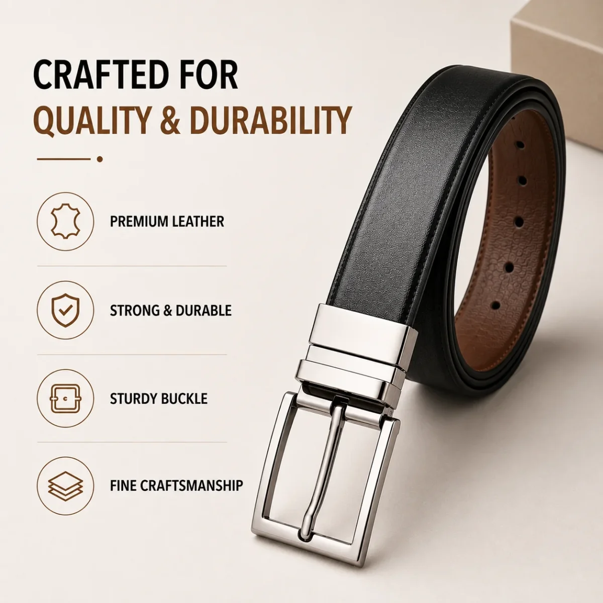 Classic Formal Reversible Leather Belt - Black & Brown - Imagen 7