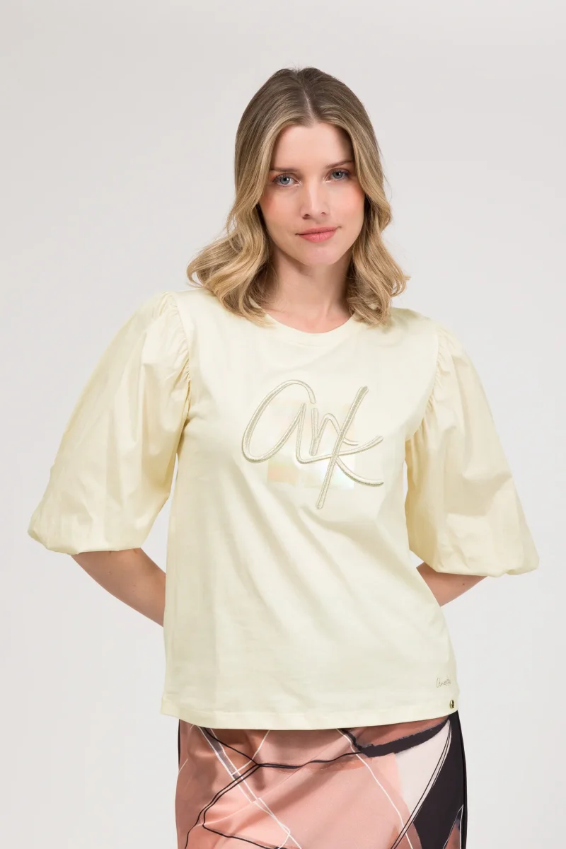 Camiseta con manga abullonada beige - Imagen 3