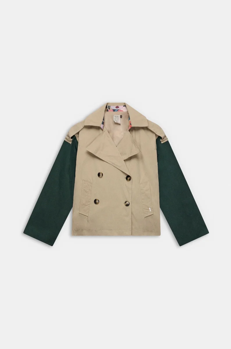 Chaqueta corta beige con botones y mangas en contraste - Imagen 2