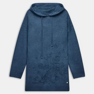 Sudadera azul con capucha y bordado floral