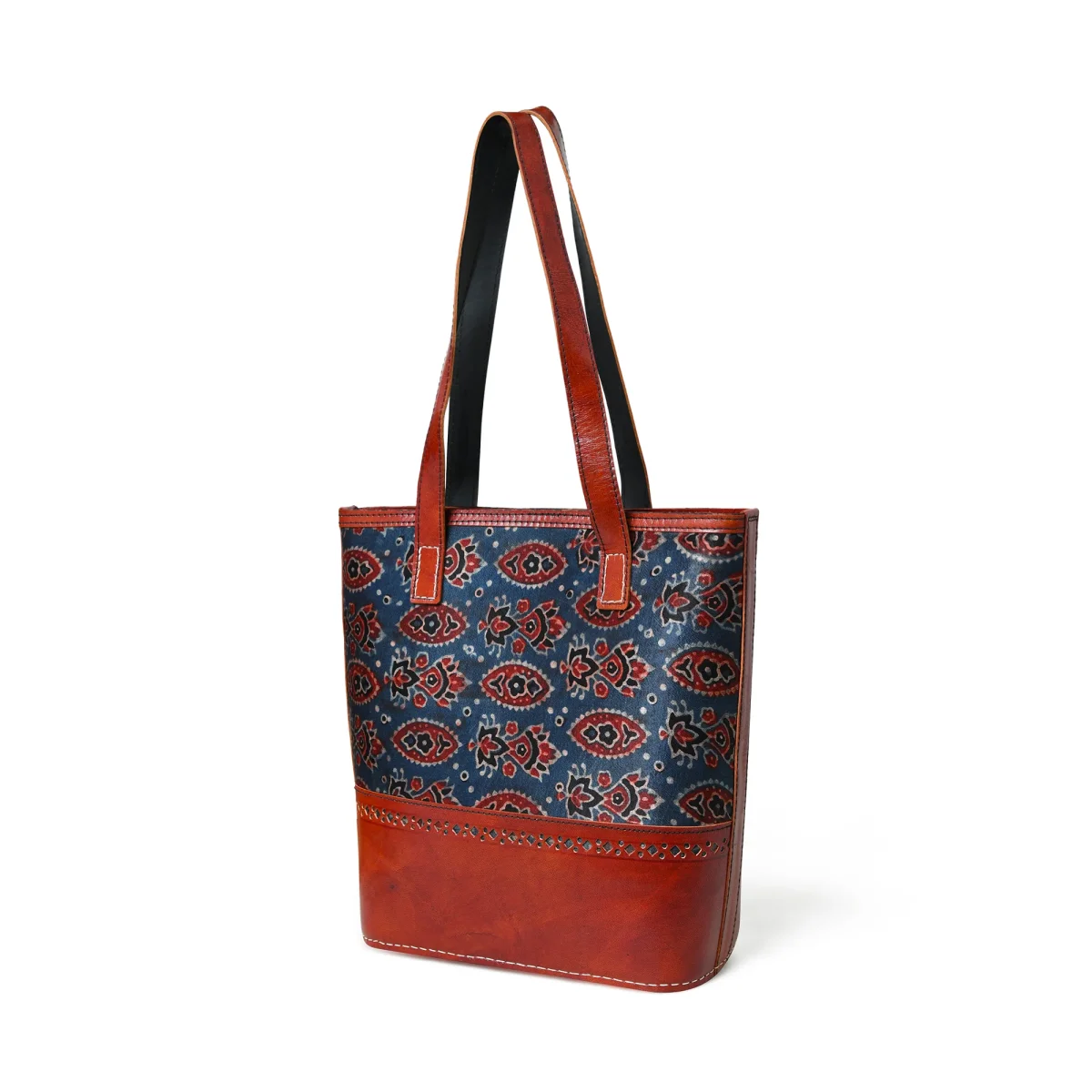 Neela Ajrakh Leather Tote Bag - Imagen 3