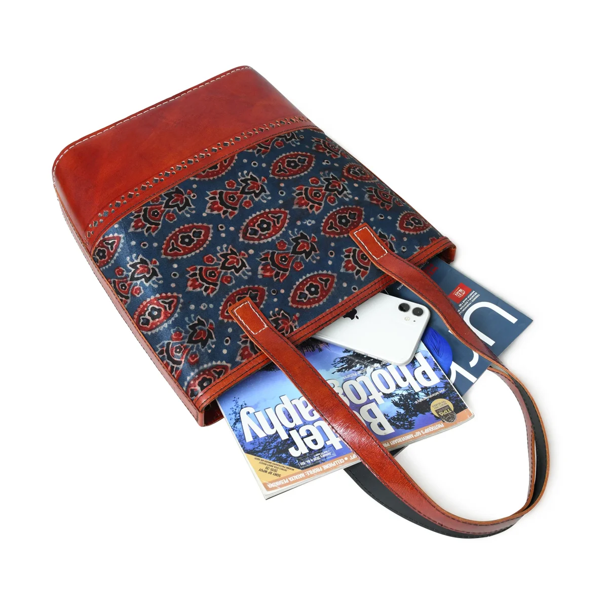 Neela Ajrakh Leather Tote Bag - Imagen 9