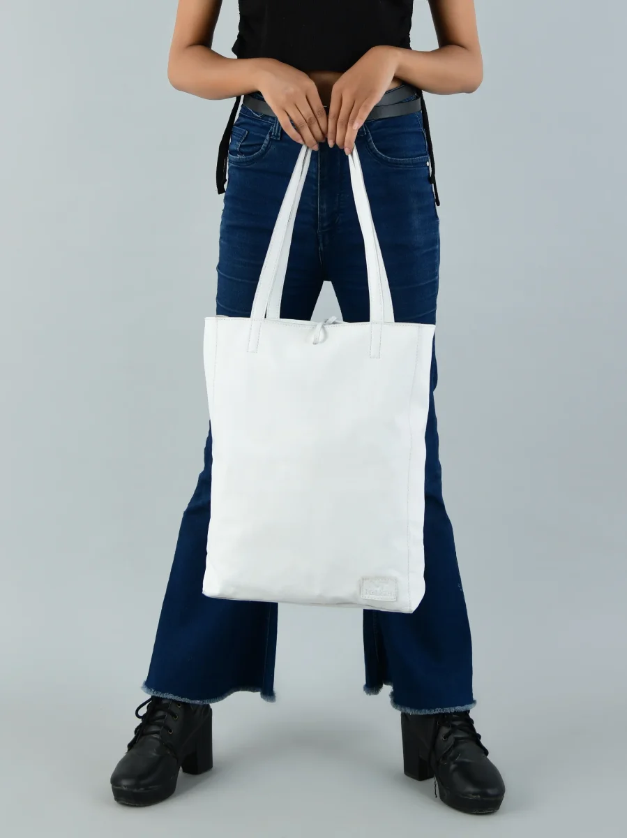 White Leather Shoulder Tote Bag - Imagen 6
