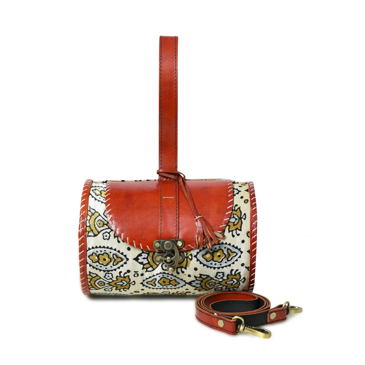 Cylindrical Block Printed Leather Bag - Imagen 7