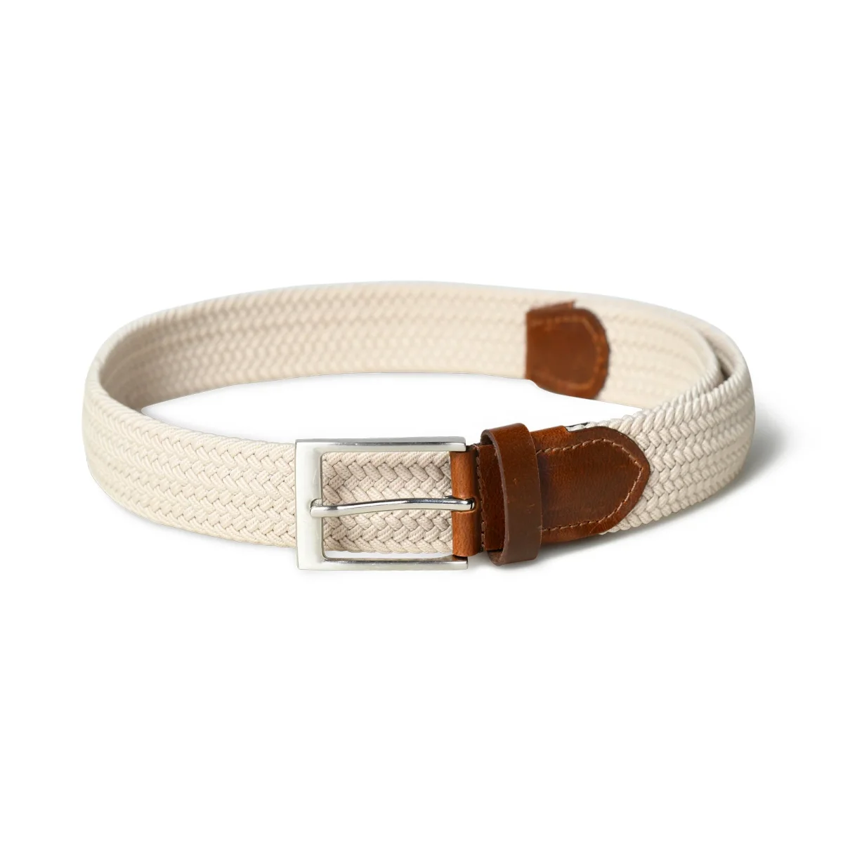 Cream & Brown Braided Canvas Leather Belt - Imagen 4