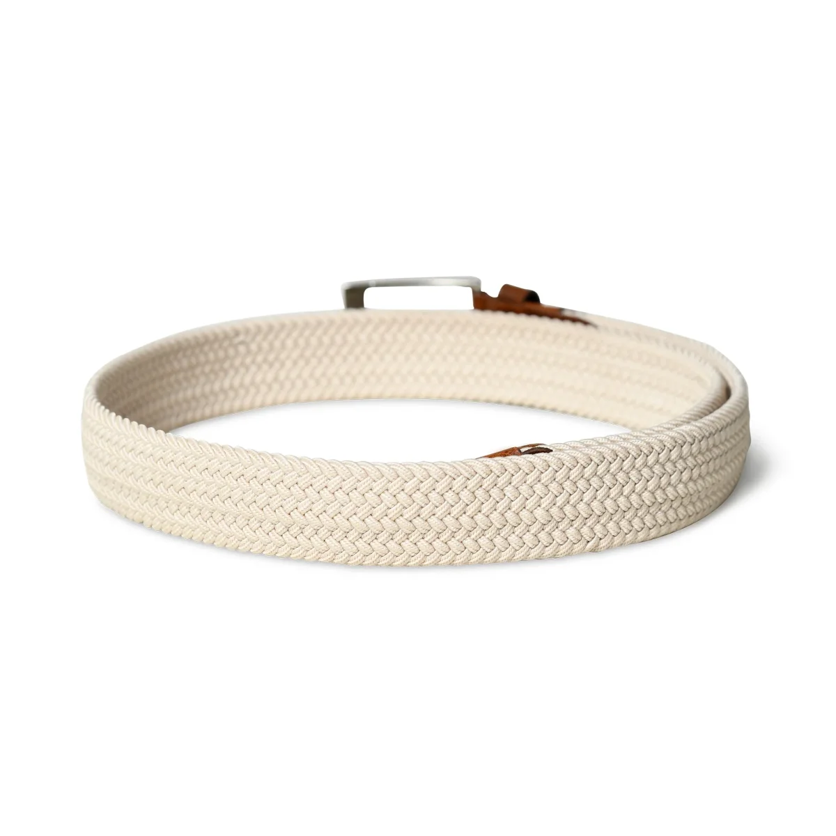 Cream & Brown Braided Canvas Leather Belt - Imagen 5