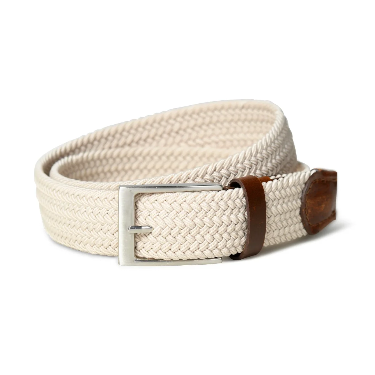 Cream & Brown Braided Canvas Leather Belt - Imagen 6