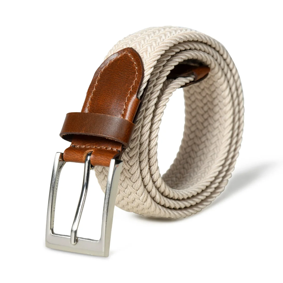 Cream & Brown Braided Canvas Leather Belt - Imagen 2