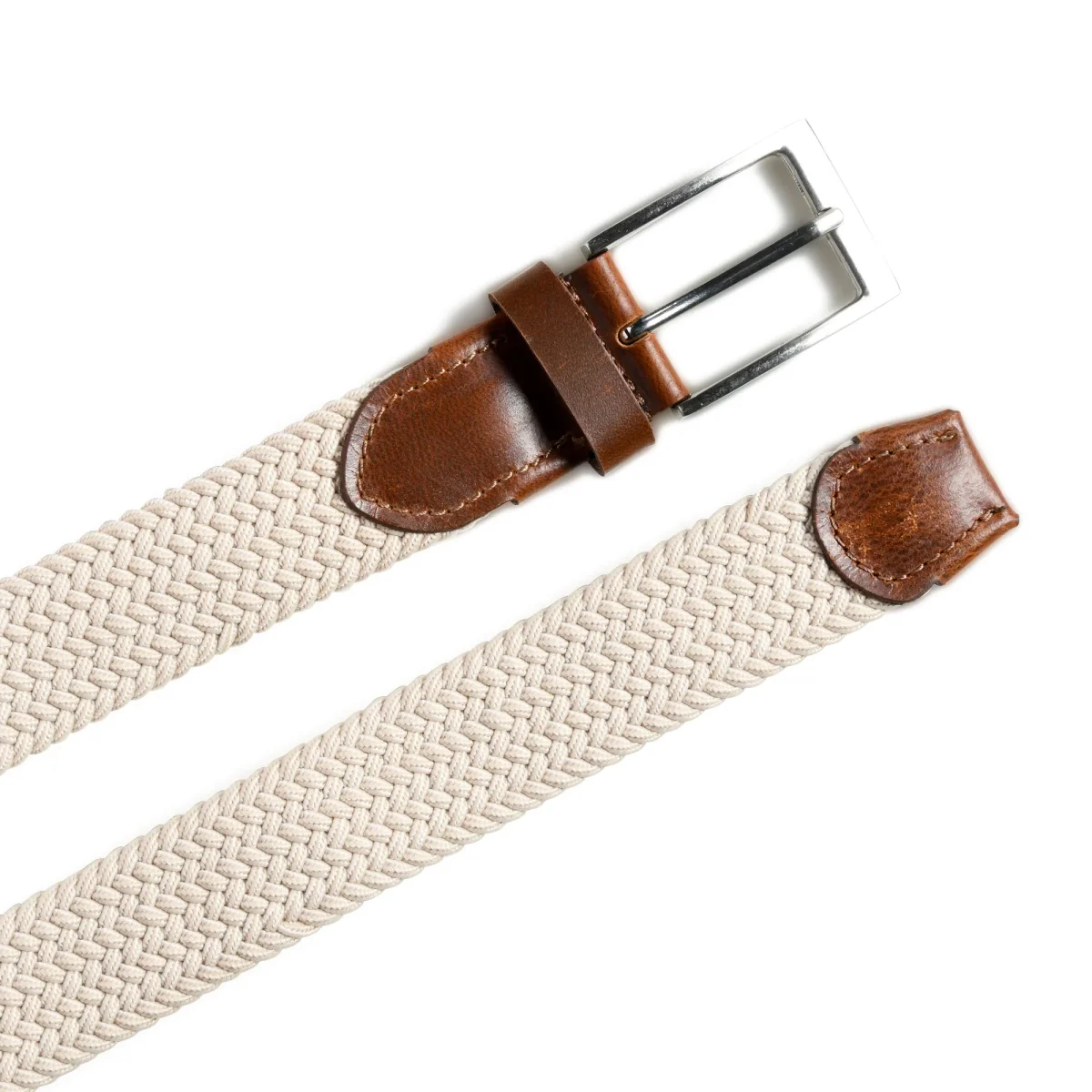 Cream & Brown Braided Canvas Leather Belt - Imagen 7