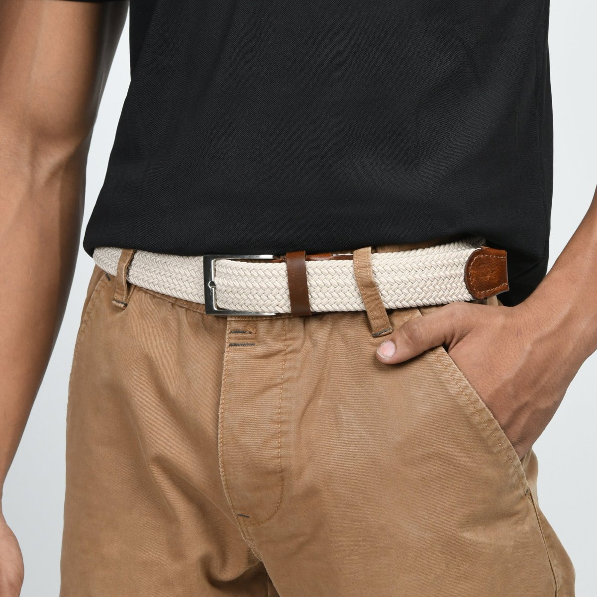 Cream & Brown Braided Canvas Leather Belt - Imagen 3