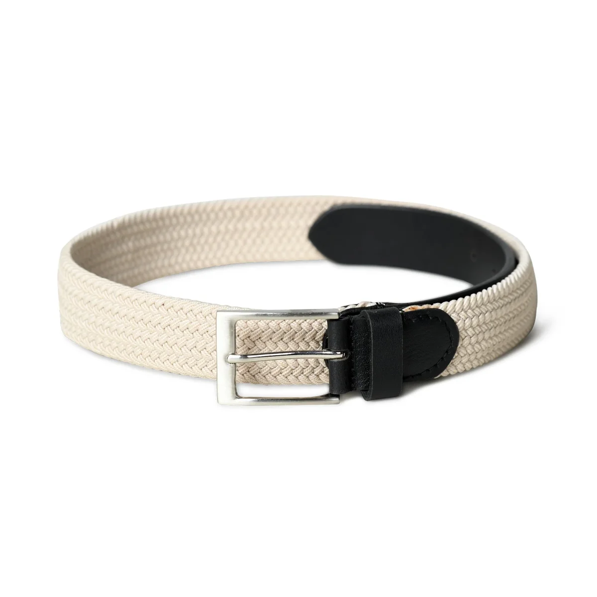 Cream & Black Braided Canvas Leather Belt - Imagen 5