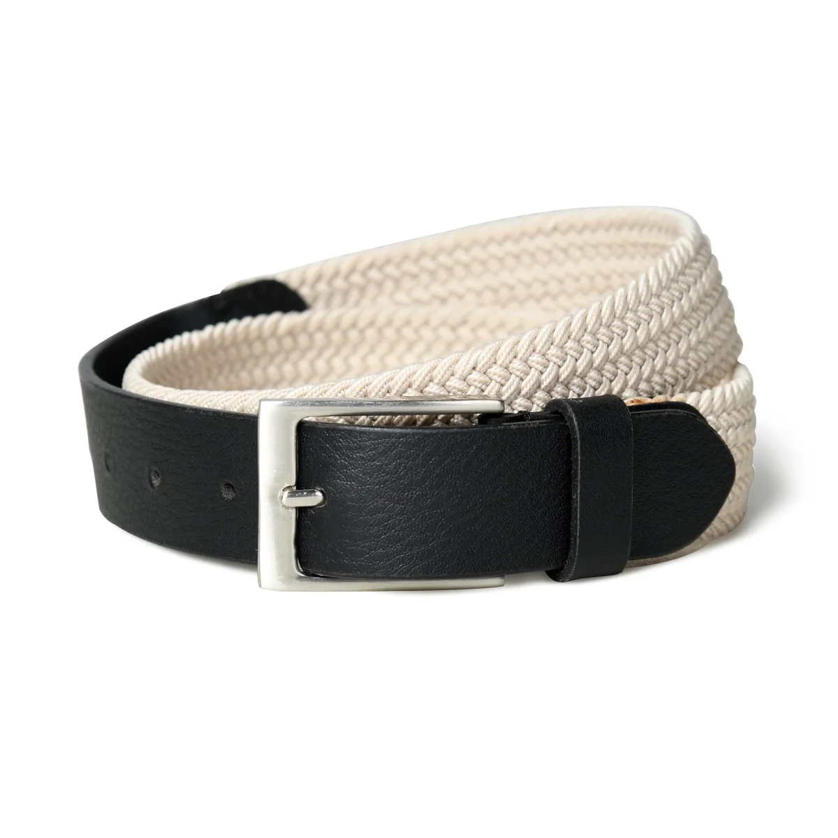 Cream & Black Braided Canvas Leather Belt - Imagen 4