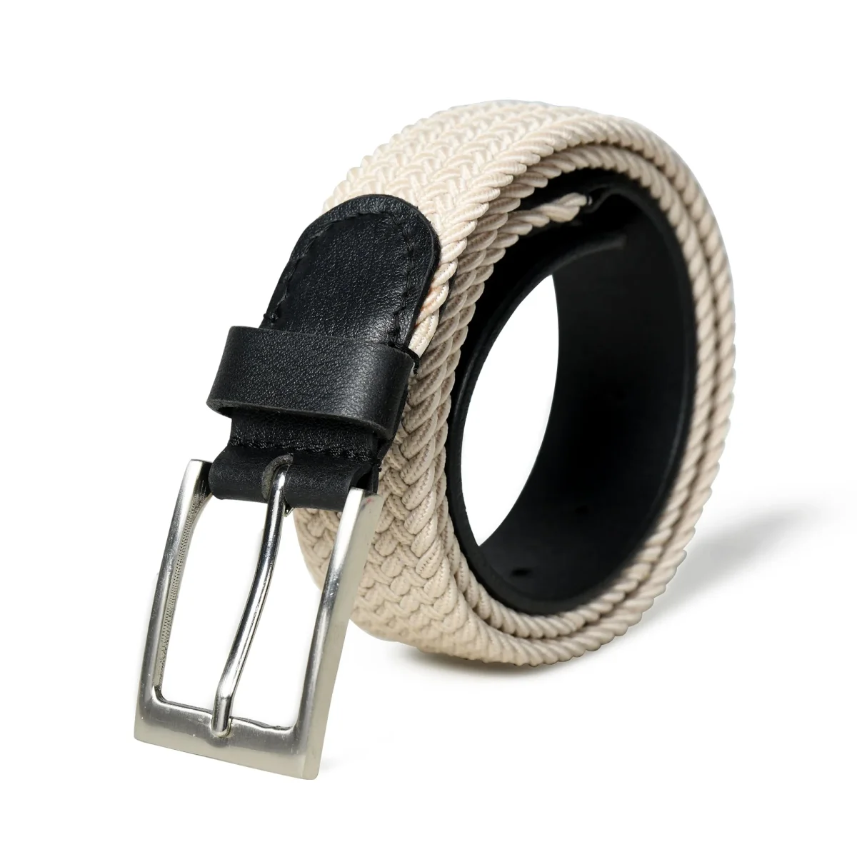Cream & Black Braided Canvas Leather Belt - Imagen 2