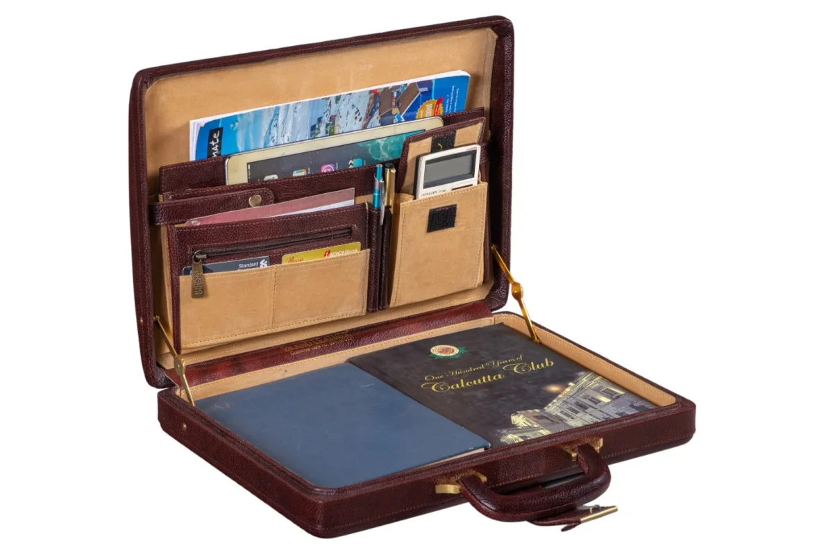 Executive Men's Leather Attache Briefcase Brown/Cherry Red - Imagen 3