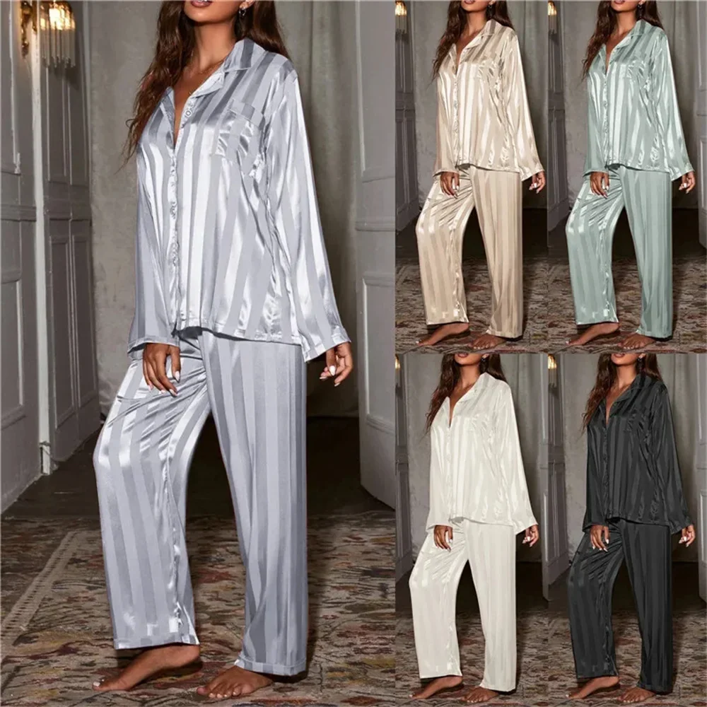 Conjunto de Pijama de Seda Satinada a Rayas - Imagen 3