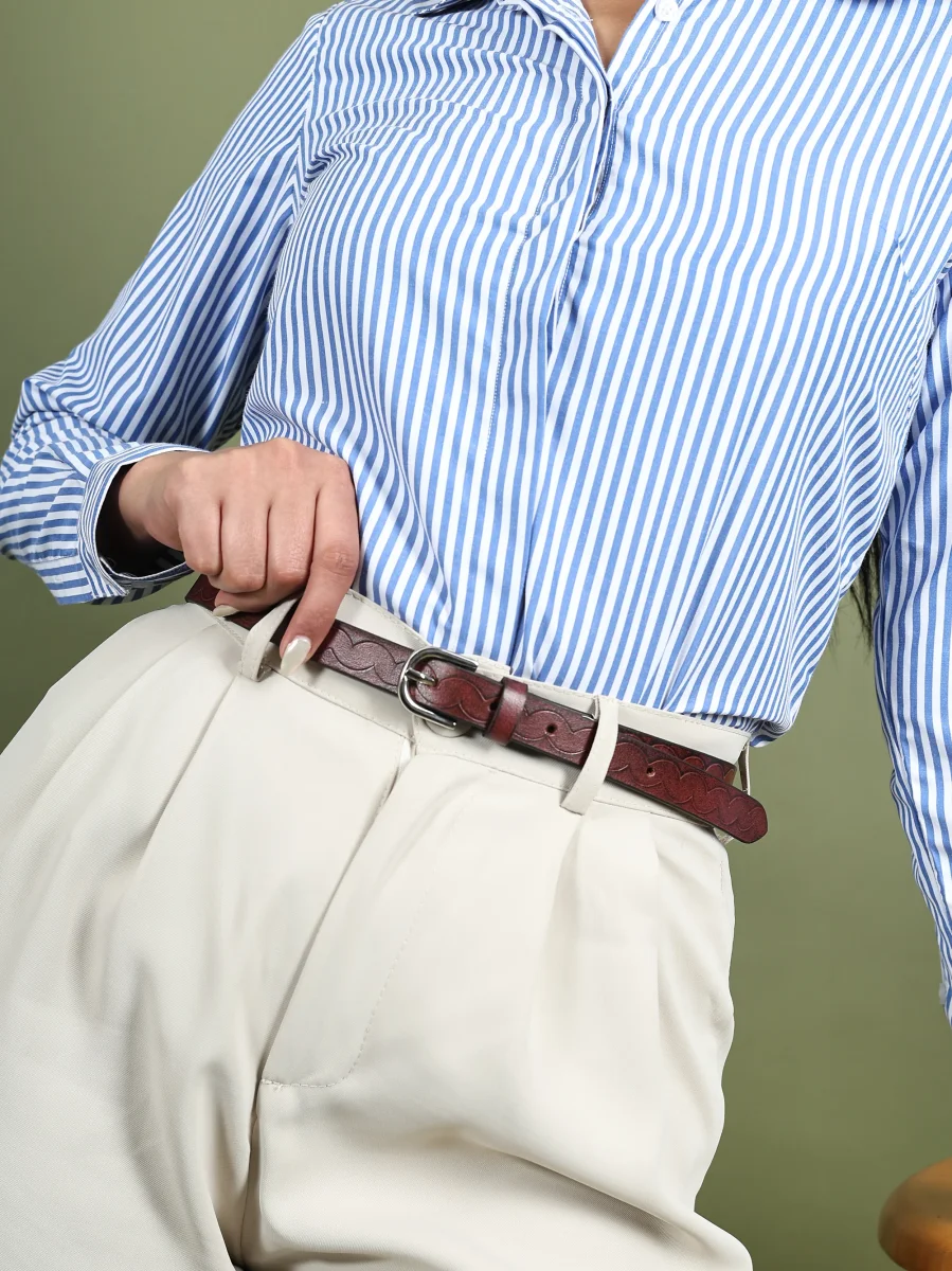 Women's Slim Leather Belt-Maroon - Imagen 9