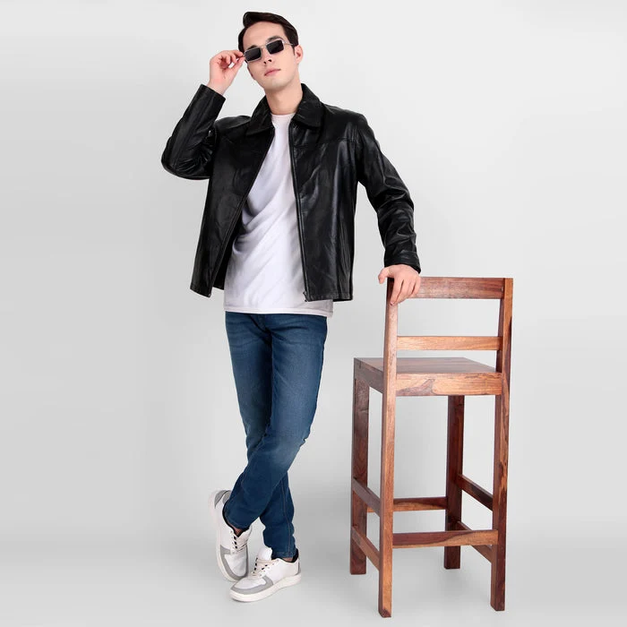 Formal Black Leather Coller Jackets Men - Imagen 5