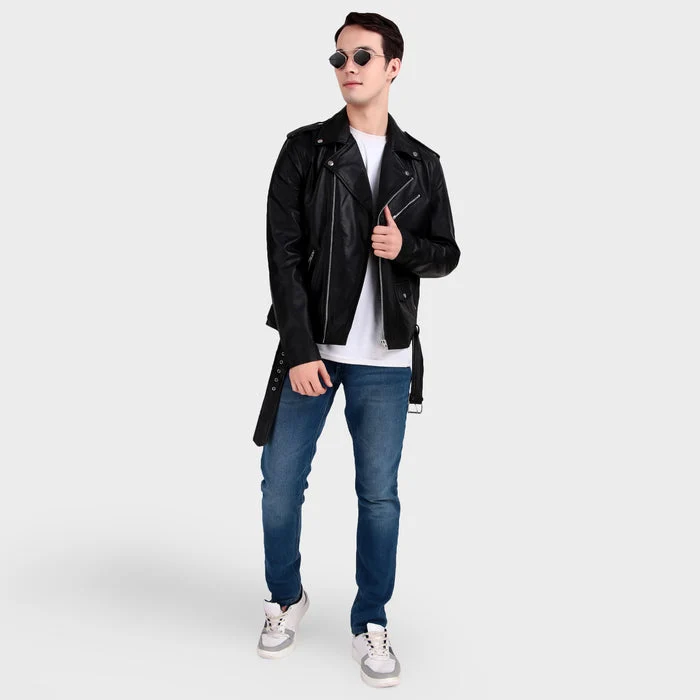 Motorcycle Black Leather Jacket - Imagen 3