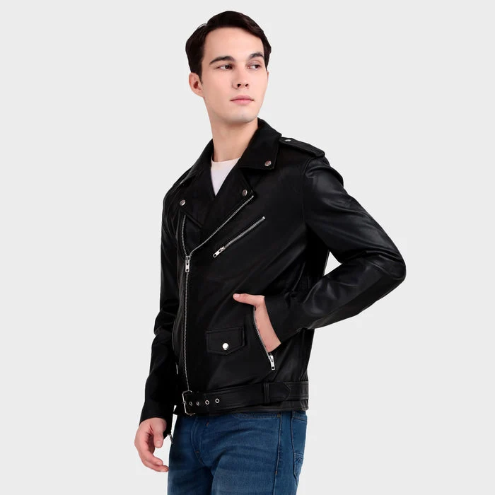 Motorcycle Black Leather Jacket - Imagen 5