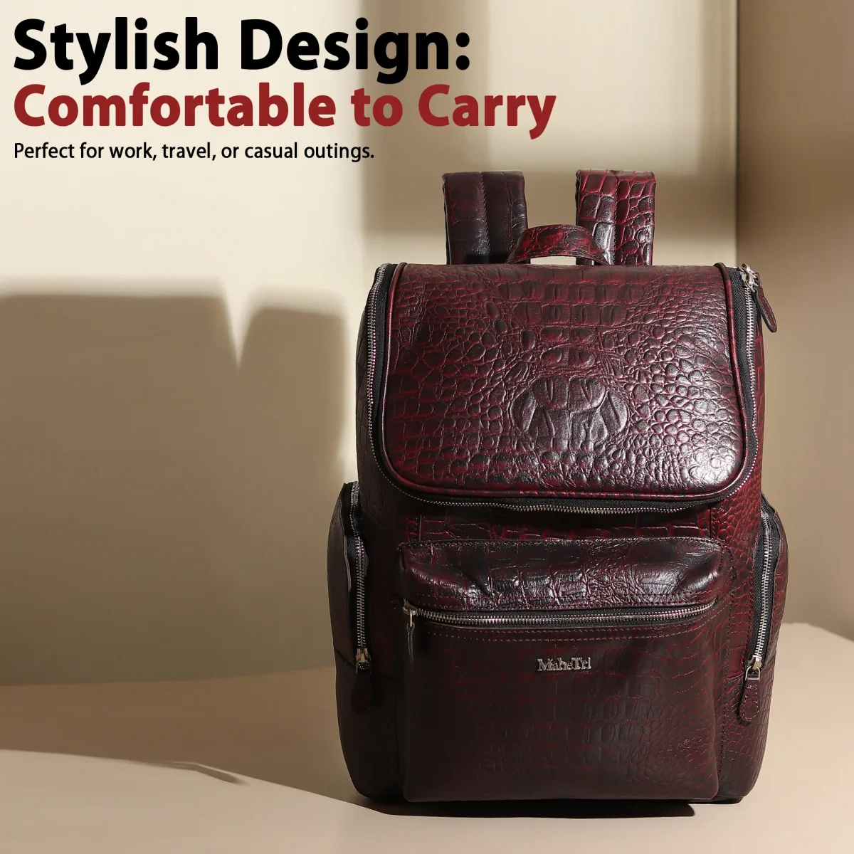 Regal Crocodile Texture Laptop Backpack, Pinkish Red - Imagen 8