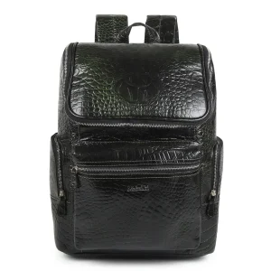 Regal Crocodile Texture Leather Backpack, Dark Green